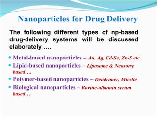 Nanoparticles for Drug Delivery Metal-based nanoparticles –  Au, Ag, Cd-Se, Zn-S etc Lipid-based nanoparticles –  Liposome & Neosome based…. Polymer-based nanoparticles –  Dendrimer, Micelle Biological nanoparticles –  Bovine-albumin serum based… The following different types of np-based drug-delivery systems will be discussed elaborately …. 