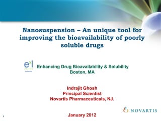 Nanosuspension – An unique tool for
    improving the bioavailability of poorly
                soluble drugs


         Enhancing Drug Bioavailability & Solubility
                      Boston, MA


                       Indrajit Ghosh
                    Principal Scientist
               Novartis Pharmaceuticals, NJ.


1                      January 2012
 
