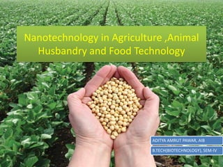 Nanotechnology in Agriculture ,Animal
Husbandry and Food Technology
ADITYA AMRUT PAWAR, AIB
B.TECH(BIOTECHNOLOGY), SEM-IV
 