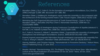 References
◇ Moradian-Oldak J, Du C, Falini G. On the formation of amelogenin microribbons. Eur J Oral Sci.
2006;114(Suppl 1):289–296. discussion 327–289, 382
◇ Moradian-Oldak J, Goldberg M. Amelogenin supra-molecular assembly in vitro compared with
the architecture of the forming enamel matrix. Cells Tissues Organs. 2005;181(3–4):202–218.
◇ Mimicking the Self-Organized Microstructure of Tooth Enamel.Wang L, Guan X, Yin H,
Moradian-Oldak J, Nancollas GHJ Phys Chem C Nanomater Interfaces. 2008 Mar 22;
112(15):5892-5899.
◇ Enzymatic Processing of Amelogenin during Continuous Crystallization of Apatite.Uskoković V,
Kim MK, Li W, Habelitz SJ Mater Res. 2008 Dec; 23(12):3184-3195.
◇ Du C, Falini G, Fermani S, Abbott C, Moradian-Oldak J. Supramolecular assembly of amelogenin
nanospheres into birefringent microribbons. Science. 2005;307(5714):1450–1454.
◇ Enamel inspired nanocomposite fabrication through amelogenin supramolecular assembly.Fan
Y, Sun Z, Wang R, Abbott C, Moradian-Oldak JBiomaterials. 2007 Jul; 28(19):3034-42.
◇ Hannig, Matthias, and Christian Hannig. “Nanomaterials in Preventive Dentistry.” Nature News,
Nature Publishing Group, 27 June 2010, www.nature.com/articles/nnano.2010.83?message-
#Bib1.
◇ Meador, Michael. “Nanotechnology 101: The Biggest Thing You've Never Seen- Mike Meador's
Lecture at the Royal Institution of Great Britain on Oct 20, 2015.” Nano, 20 Oct. 2015,
www.nano.gov/node/1529.19
 