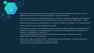 ◇ https://www.aegisdentalnetwork.com/cced/2017/05/nanotechnology-in-dentistry-clinical-
applications-benefits-and-hazards (may2017-volume38-Issue5)
◇ https://www.dovepress.com/nanotechnology-in-dentistry-prevention-diagnosis-and-therapy-
peer-reviewed-fulltext-article-IJN (8 October 2015 Volume 2015:10(1) Pages 6371—6394
◇ https://onlinelibrary.wiley.com/doi/full/10.1111/j.2041-1626.2011.00046.x (17 February 2011)
◇ (Freitas, 2000) (Kumar and Vijayalakshmi, 2006)
◇ Shashirekha, Govind, et al. “Nanotechnology in Dentistry: Clinical Applications, Benefits, and
Hazards: Compendium.” Nanotechnology in Dentistry: Clinical Applications, Benefits, and
Hazards | Compendium, 1 May 2017,
www.aegisdentalnetwork.com/cced/2017/05/nanotechnology-in-dentistry-clinical-
applications-benefits-and-hazards.
◇ Ozak, Sule Tugba, and Pelin Ozkan. “Nanotechnology and Dentistry.” European Journal of
Dentistry, Dental Investigations Society, Jan. 2013,
www.ncbi.nlm.nih.gov/pmc/articles/PMC3571524/.
20
 