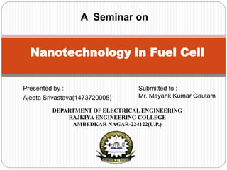 Presented by :
Ajeeta Srivastava(1473720005)
Nanotechnology in Fuel Cell
A Seminar on
Submitted to :
Mr. Mayank Kumar Gautam
DEPARTMENT OF ELECTRICAL ENGINEERING
RAJKIYA ENGINEERING COLLEGE
AMBEDKAR NAGAR-224122(U.P.)
 