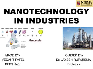 NANOTECHNOLOGY
IN INDUSTRIES
MADE BY- GUIDED BY-
VEDANT PATEL Dr. JAYESH RUPARELIA
13BCH043 Professor
 