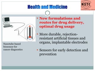 New formulations and routes for drug delivery, optimal drug usage More durable, rejection-resistant artificial tissues and organs, implantable electrodes Sensors for early detection and prevention Nanotube-based biosensor for cancer diagnostics 