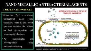 1. SILVER NANOPARTICLE
• Silver ion (Ag+) is a strong
antibacterial agent with
reasonable stability and broad
spectrum antimicrobial effects
on both gram-positive and
gram-negative bacteria.
• Ag+ nanoparticles are
biocompatible with
antibacterial activity.
DDIFFERENT MECHANISM OF ACTION OF
SILVER ION ON BACTERIA
NANO METALLIC ANTIBACTERIALAGENTS
Yin IX, Zhang J, Zhao IS, Mei ML, Li Q, Chu CH. The Antibacterial Mechanism of Silver Nanoparticles and Its
Application in Dentistry. Int J Nanomedicine. 2020 Apr 17;15:2555-2562.
 