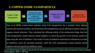Copper Oxide
Nanoparticle
passing through
nano-metric pores
existing on
bacterial cellular
membranes
damages the vital
enzymes of
bacteria
Restricts the
bacterial growth
Anu et al (2016) coated dental implants using CuO nanoparticles by a standard slurry dipping
method and chemical synthesis and found that CuO nanoparticles can be efficient as dental coating to
suppress dental infections. They calculated the diffusing ability of the antibacterial drugs from the
CuO nanoparticles coated titanium dental implants to retard the growth of test bacteria seeded on
plate using the zone of inhibition. The results of zone of inhibition measured (in millimeters) revealed
no inhibitory zones for uncoated materials, while the CuO nanoparticles coated titanium dental
implants showed significant inhibitory zones.
Anu K, Maleeka Begum S, Rajesh G, Renuka Devi K. Wet Biochemical Synthesis of Copper Oxide Nanoparticles Coated on Titanium
Dental Implants. 2016; 3: 1191-1194
3. COPPER OXIDE NANOPARTICLE
 