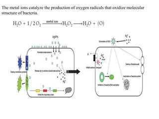 The metal ions catalyze the production of oxygen radicals that oxidize molecular
structure of bacteria.
 