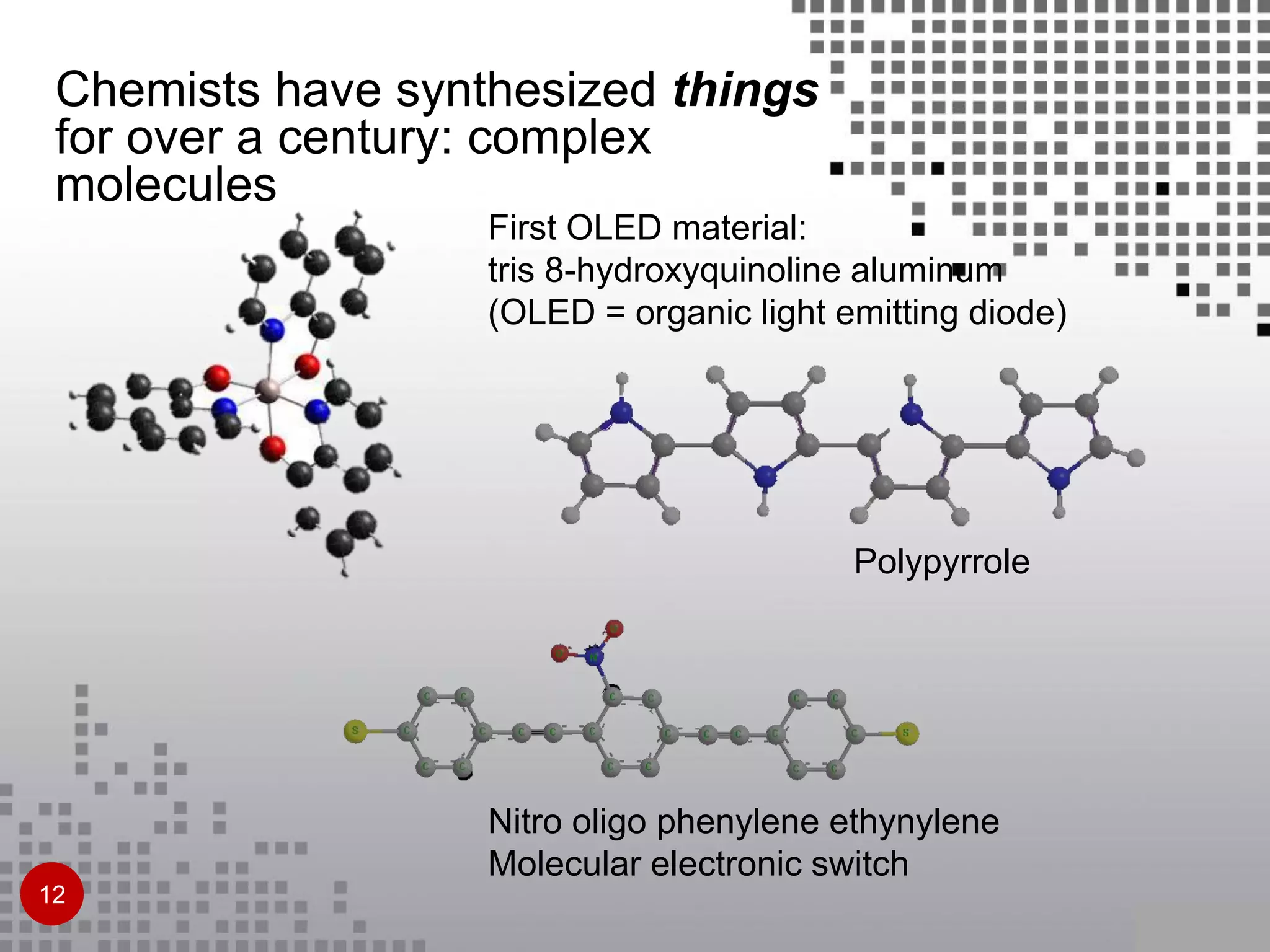 Chemists have synthesized things
for over a century: complex
molecules
First OLED material:
tris 8-hydroxyquinoline aluminum
(OLED = organic light emitting diode)
Polypyrrole
Nitro oligo phenylene ethynylene
Molecular electronic switch
12
 