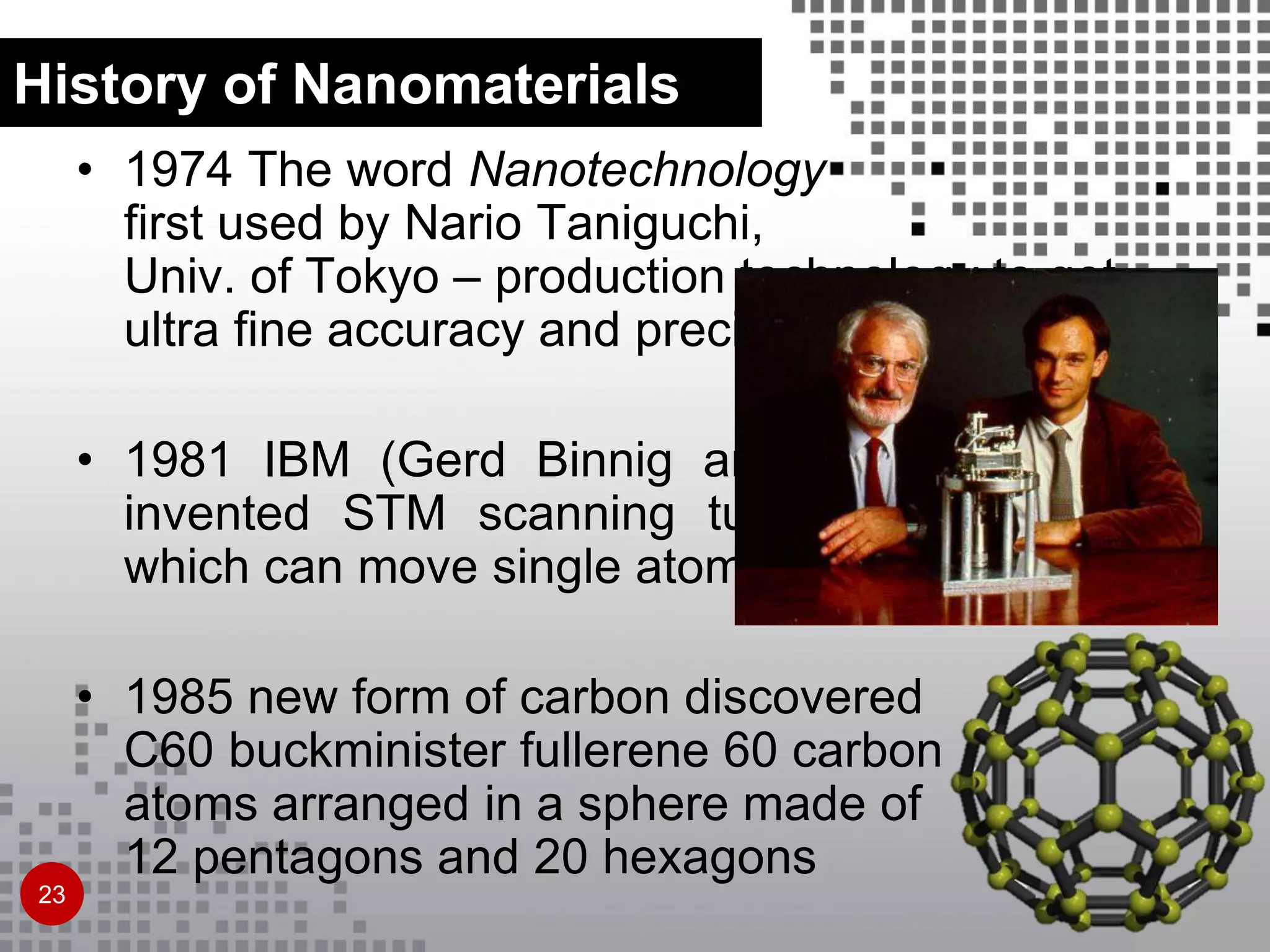 History of Nanomaterials
• 1974 The word Nanotechnology
first used by Nario Taniguchi,
Univ. of Tokyo – production technology to get
ultra fine accuracy and precision ~ 1nm
• 1981 IBM (Gerd Binnig and Heinrich Rohrer)
invented STM scanning tunneling microscope
which can move single atoms around
• 1985 new form of carbon discovered
C60 buckminister fullerene 60 carbon
atoms arranged in a sphere made of
12 pentagons and 20 hexagons
23
 