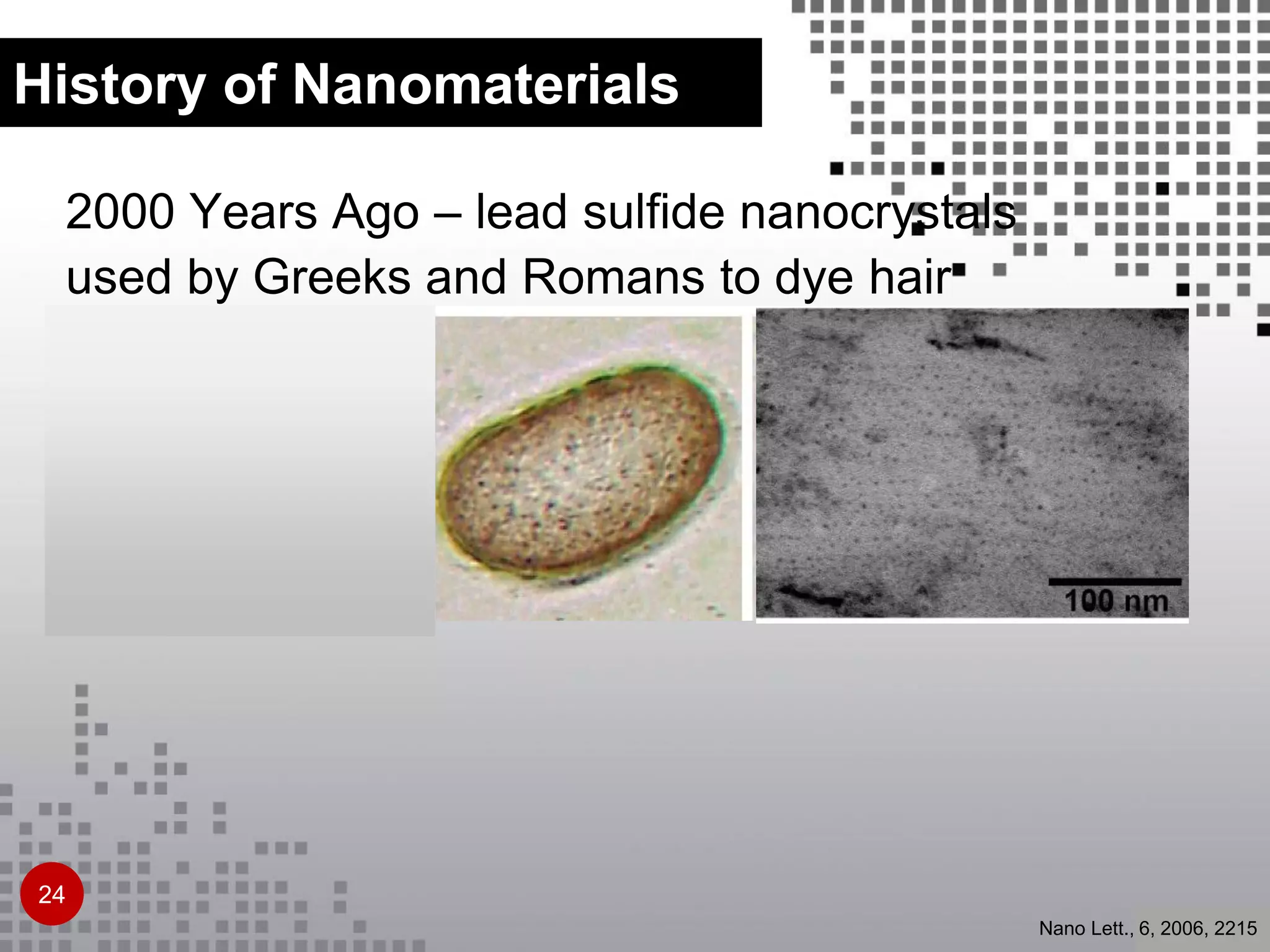 2000 Years Ago – lead sulfide nanocrystals
used by Greeks and Romans to dye hair
History of Nanomaterials
Nano Lett., 6, 2006, 2215
24
 