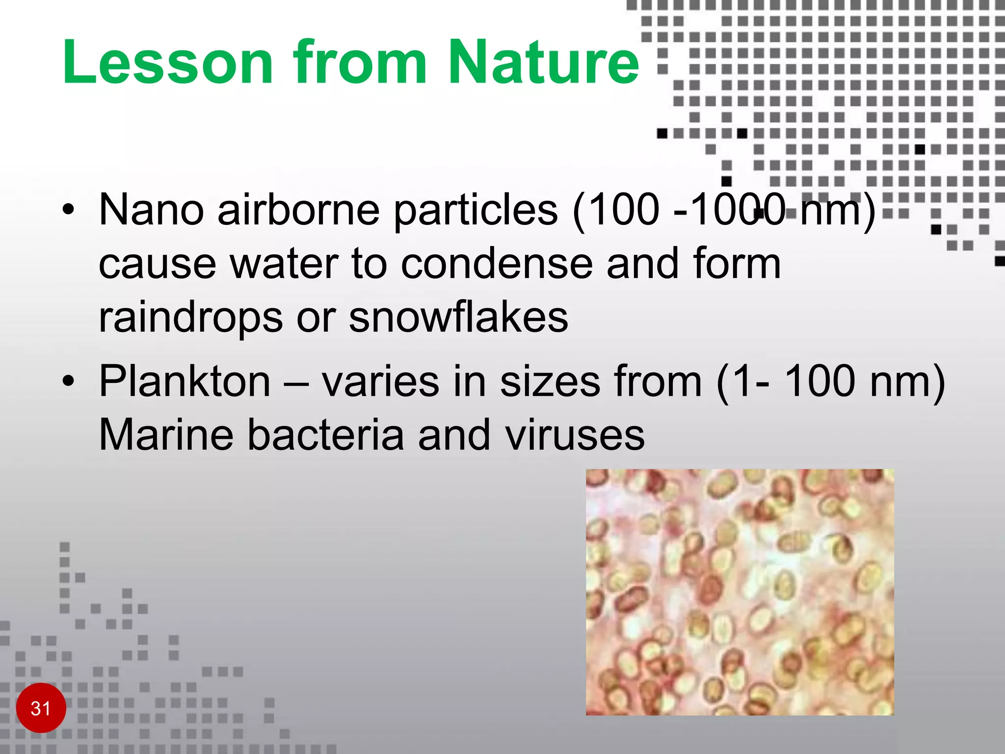 • Nano airborne particles (100 -1000 nm)
cause water to condense and form
raindrops or snowflakes
• Plankton – varies in sizes from (1- 100 nm)
Marine bacteria and viruses
Lesson from Nature
31
 
