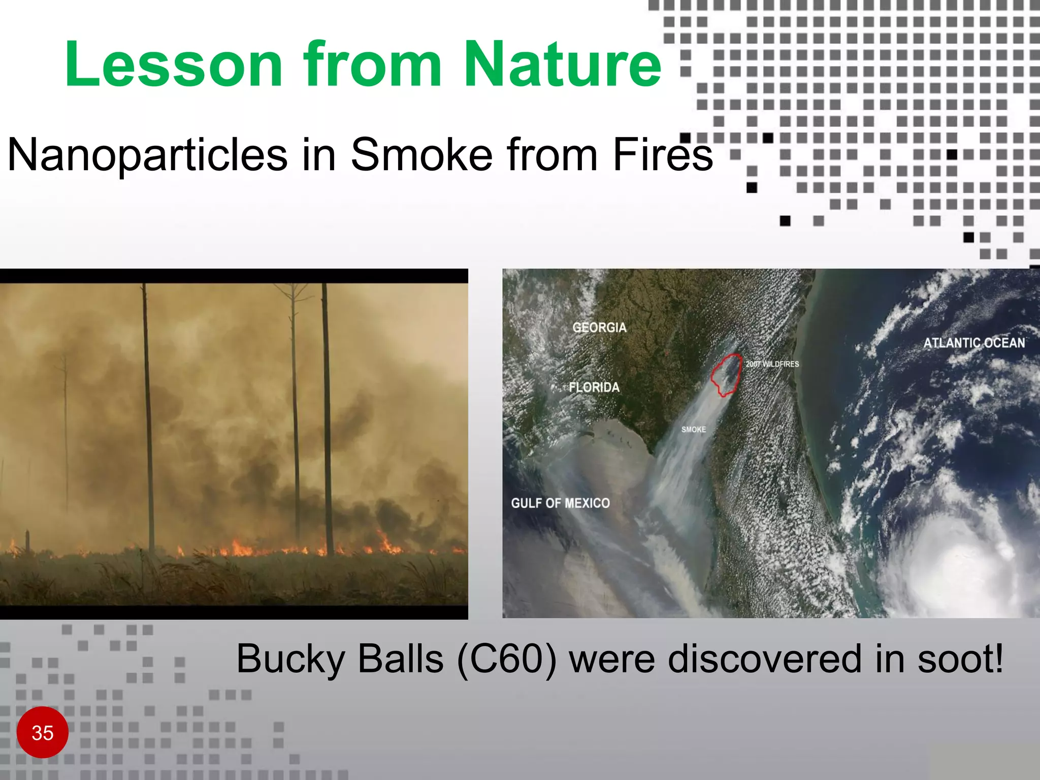 Bucky Balls (C60) were discovered in soot!
Nanoparticles in Smoke from Fires
Lesson from Nature
35
 