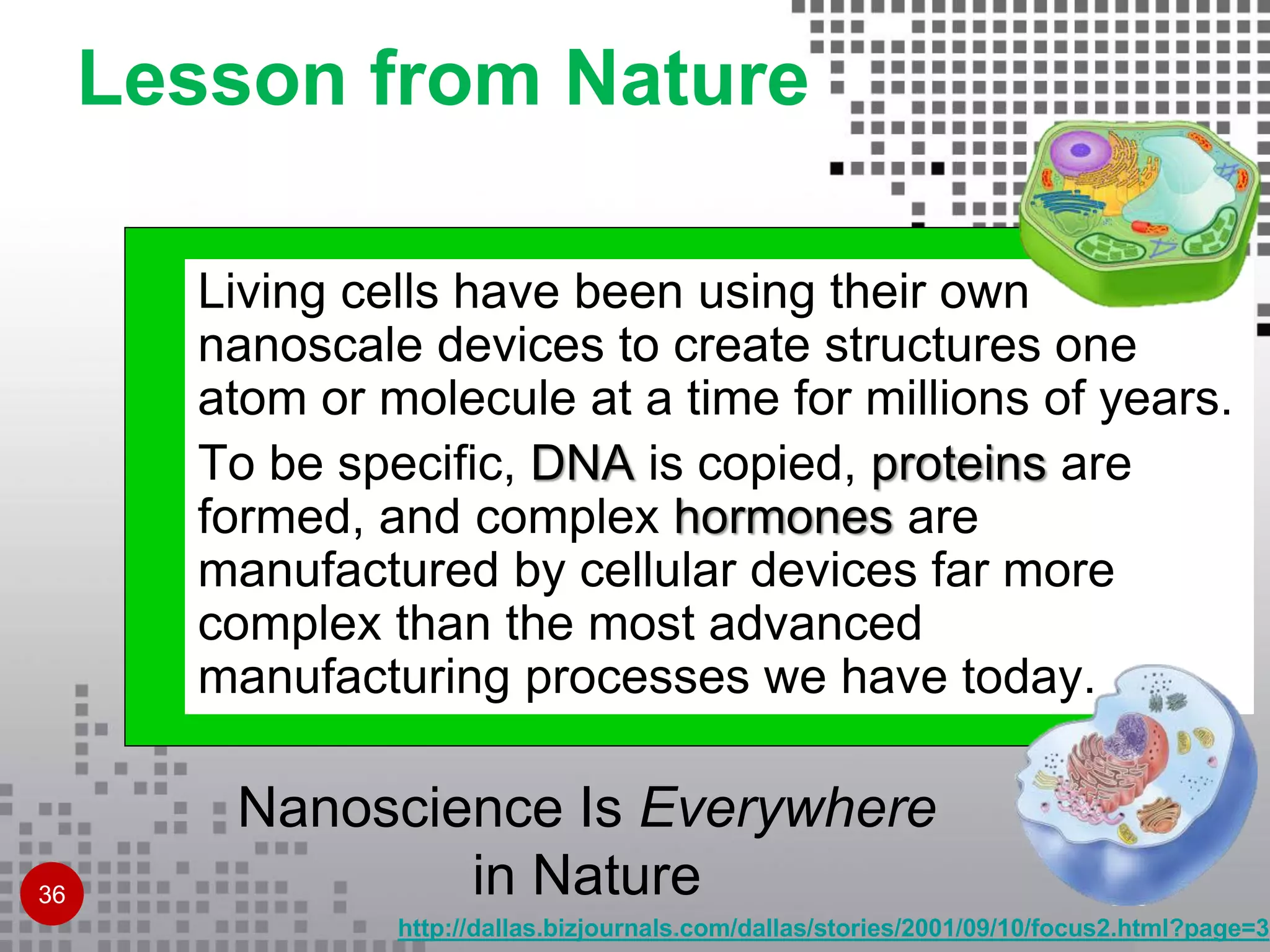 Nanoscience Is Everywhere
in Nature
Living cells have been using their own
nanoscale devices to create structures one
atom or molecule at a time for millions of years.
To be specific, DNA is copied, proteins are
formed, and complex hormones are
manufactured by cellular devices far more
complex than the most advanced
manufacturing processes we have today.
http://dallas.bizjournals.com/dallas/stories/2001/09/10/focus2.html?page=3
Lesson from Nature
36
 