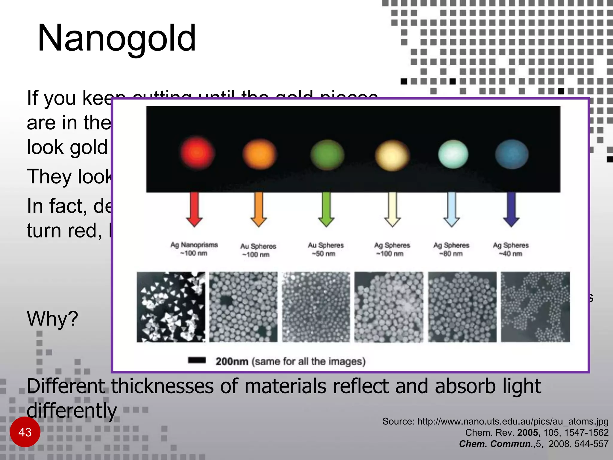 Source: http://www.nano.uts.edu.au/pics/au_atoms.jpg
Chem. Rev. 2005, 105, 1547-1562
Chem. Commun.,5, 2008, 544-557
If you keep cutting until the gold pieces
are in the nanoscale range, they don’t
look gold anymore…
They look RED!
In fact, depending on size, they can
turn red, blue, yellow, and other colors
Why?
Different thicknesses of materials reflect and absorb light
differently
12 nm gold particles
Nanogold
43
 