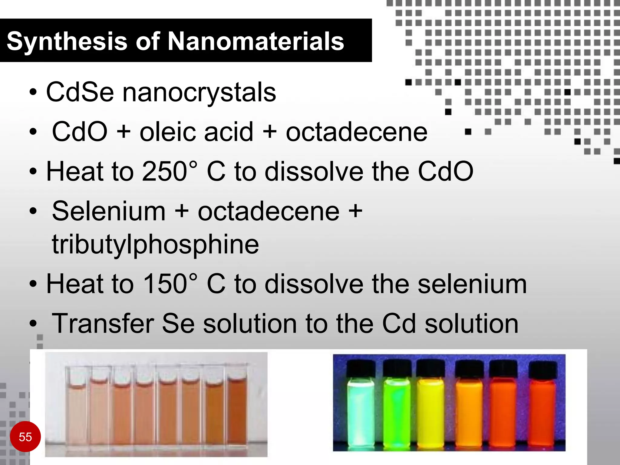 • CdSe nanocrystals
• CdO + oleic acid + octadecene
• Heat to 250° C to dissolve the CdO
• Selenium + octadecene +
tributylphosphine
• Heat to 150° C to dissolve the selenium
• Transfer Se solution to the Cd solution
• Take aliquots
Synthesis of Nanomaterials
55
 