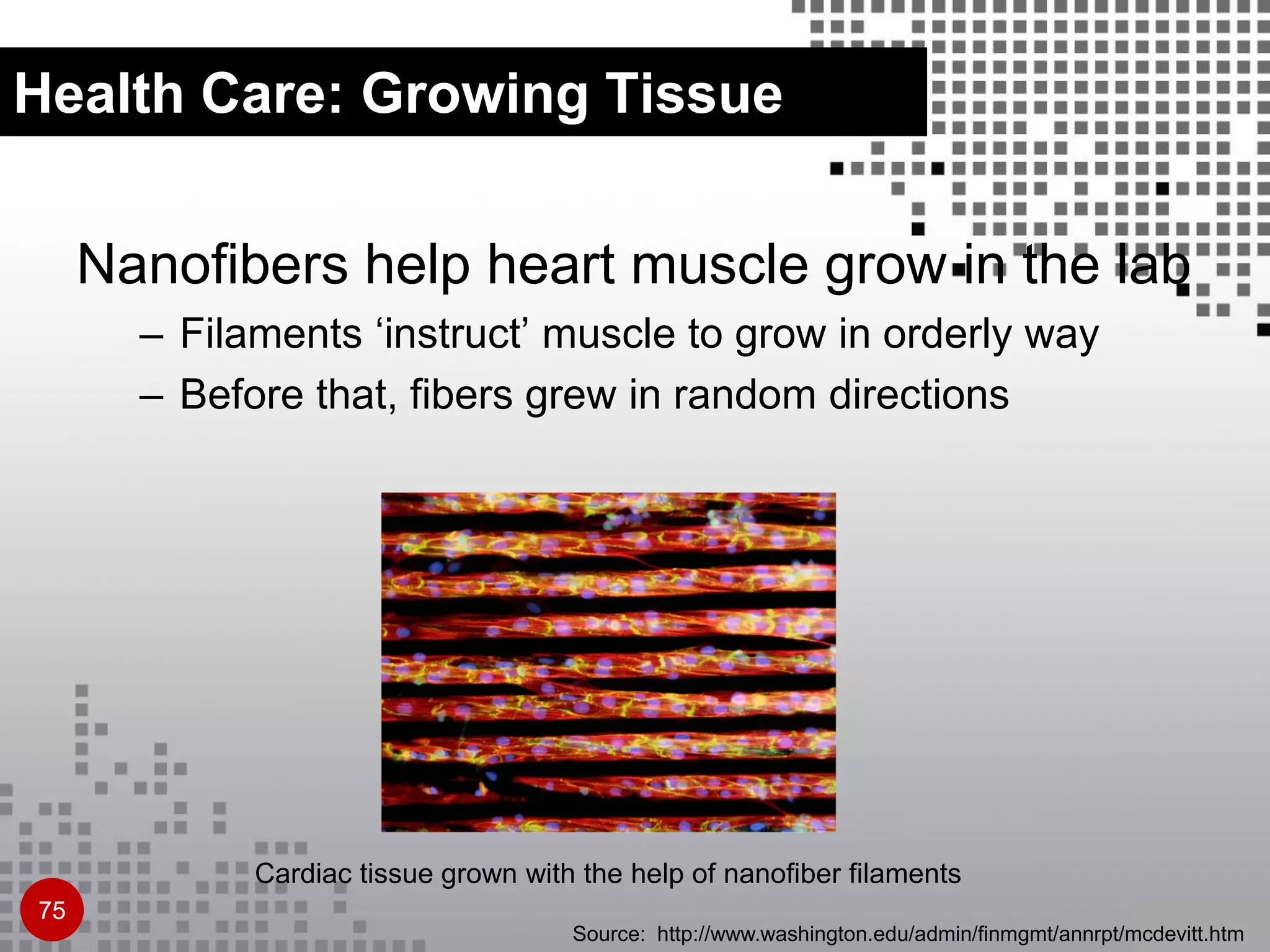 Health Care: Growing Tissue
Nanofibers help heart muscle grow in the lab
– Filaments ‘instruct’ muscle to grow in orderly way
– Before that, fibers grew in random directions
Source: http://www.washington.edu/admin/finmgmt/annrpt/mcdevitt.htm
Cardiac tissue grown with the help of nanofiber filaments
75
 
