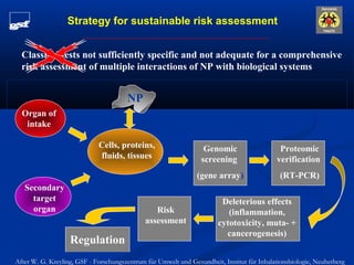 Strategy for sustainable risk assessment
Classical tests not sufficiently specific and not adequate for a comprehensive
risk assessment of multiple interactions of NP with biological systems
Deleterious effects
(inflammation,
cytotoxicity, muta- +
cancerogenesis)
Genomic
screening
(gene array)
Proteomic
verification
(RT-PCR)
Secondary
target
organ Risk
assessment
Regulation
Organ of
intake
Cells, proteins,
fluids, tissues
NP
After W. G. Kreyling, GSF - Forschungszentrum für Umwelt und Gesundheit, Institut für Inhalationsbiologie, Neuherberg
 