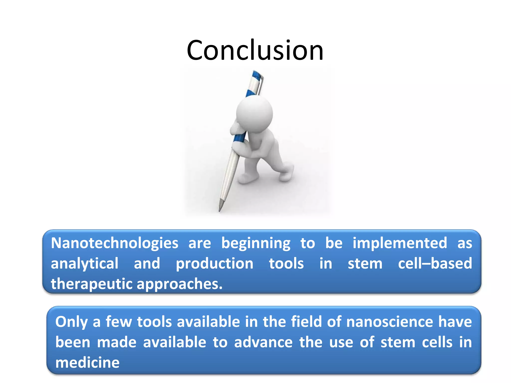 Conclusion




Nanotechnologies are beginning to be implemented as
analytical and production tools in stem cell–based
therapeutic approaches.

Only a few tools available in the field of nanoscience have
been made available to advance the use of stem cells in
medicine
 