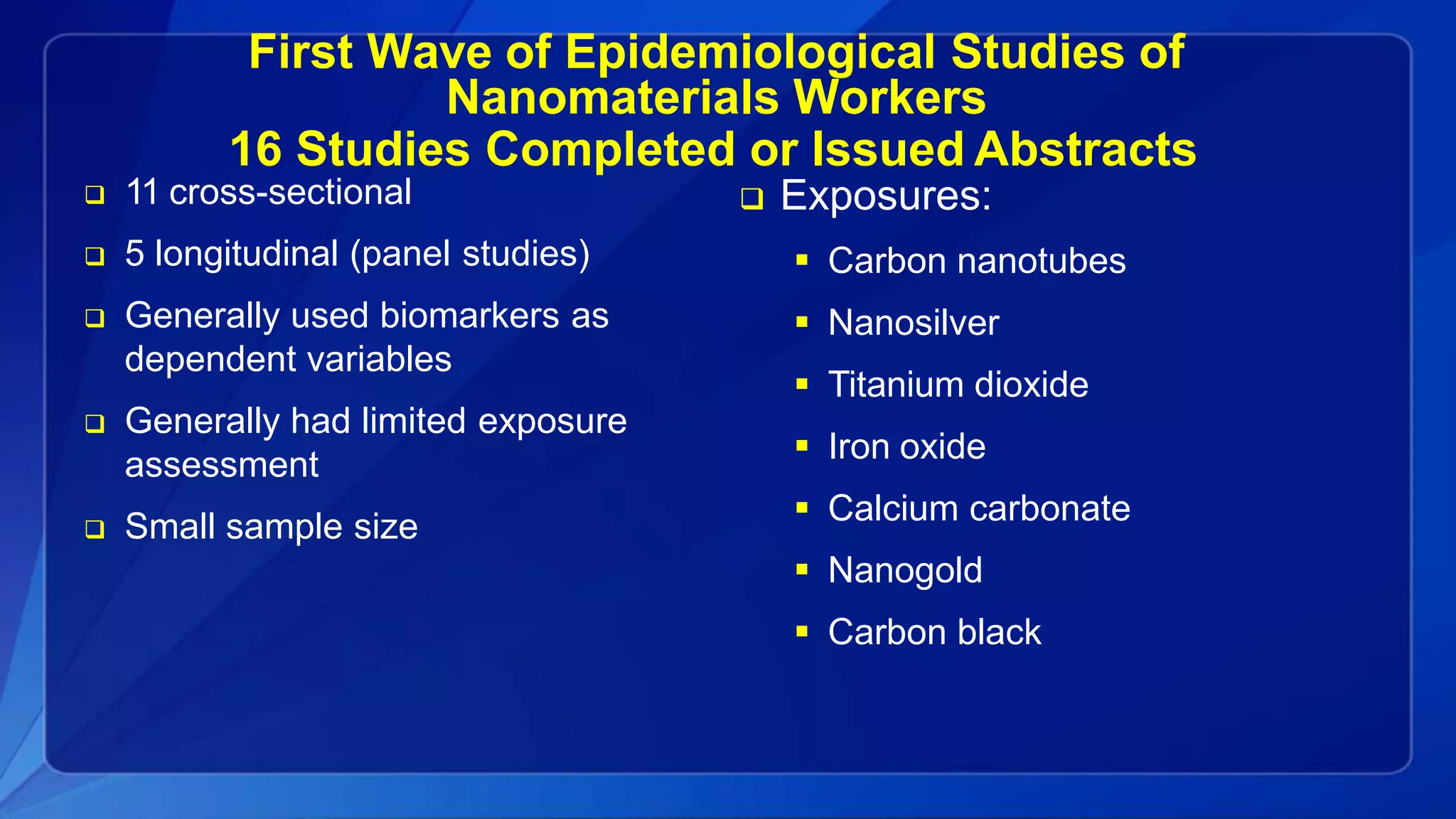 First Wave of Epidemiological Studies of
Nanomaterials Workers
16 Studies Completed or Issued Abstracts
 11 cross-sectional
 5 longitudinal (panel studies)
 Generally used biomarkers as
dependent variables
 Generally had limited exposure
assessment
 Small sample size
 Exposures:
 Carbon nanotubes
 Nanosilver
 Titanium dioxide
 Iron oxide
 Calcium carbonate
 Nanogold
 Carbon black
 