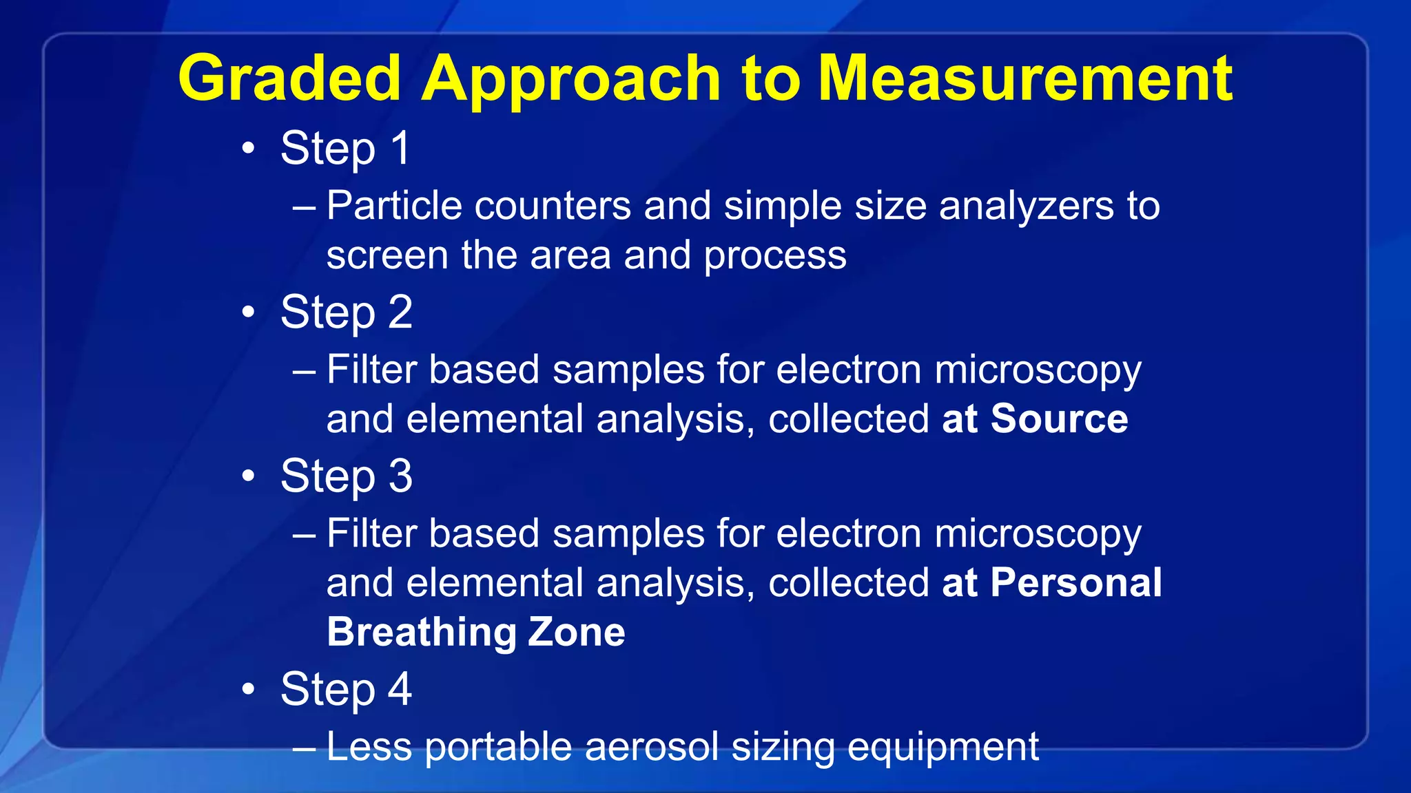 Graded Approach to Measurement
• Step 1
– Particle counters and simple size analyzers to
screen the area and process
• Step 2
– Filter based samples for electron microscopy
and elemental analysis, collected at Source
• Step 3
– Filter based samples for electron microscopy
and elemental analysis, collected at Personal
Breathing Zone
• Step 4
– Less portable aerosol sizing equipment
 
