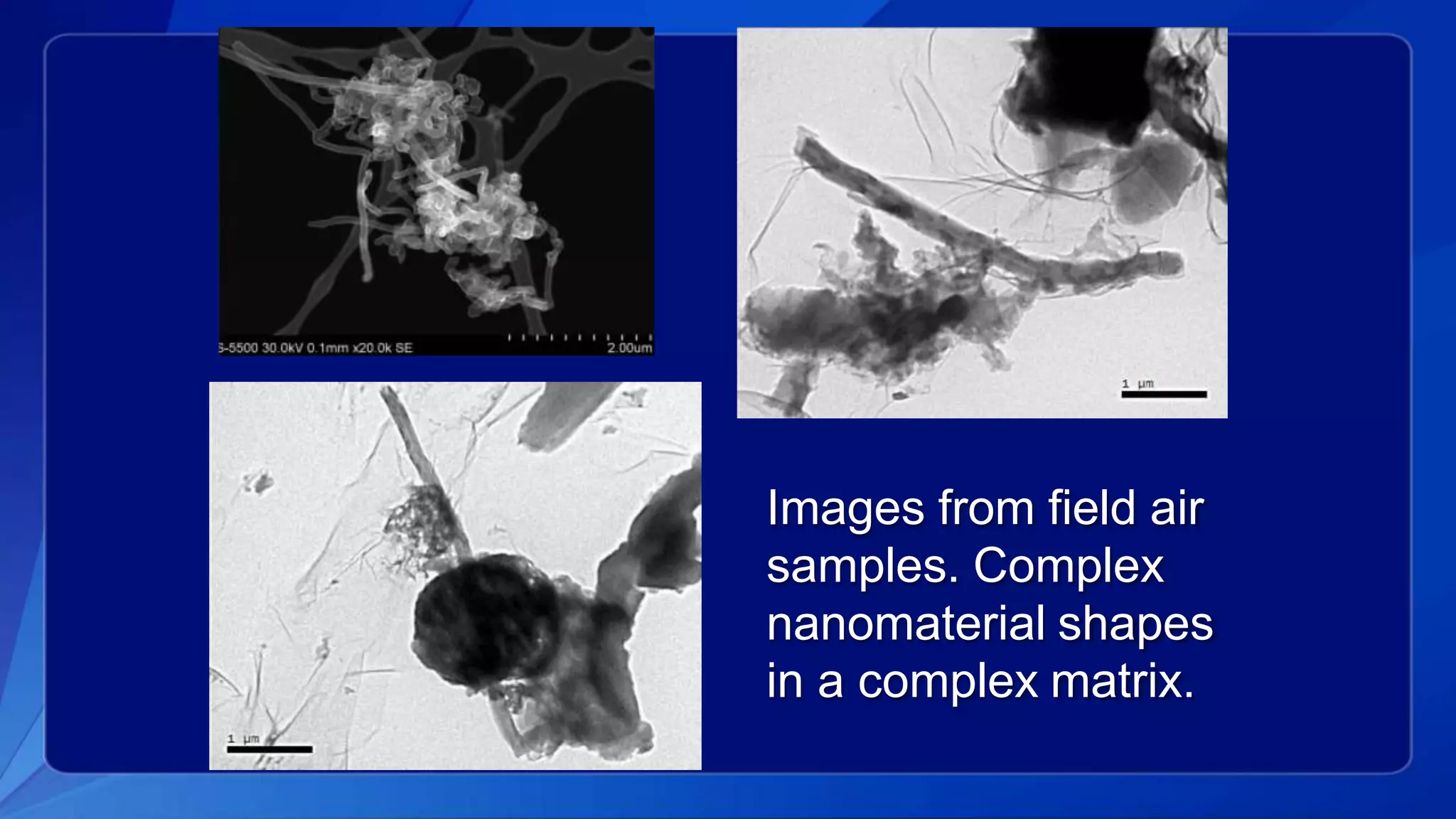 Images from field air
samples. Complex
nanomaterial shapes
in a complex matrix.
 