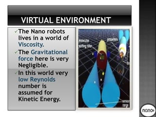 The Nano robots
lives in a world of
Viscosity.
The Gravitational
force here is very
Negligible.
In this world very
low Reynolds
number is
assumed for
Kinetic Energy.
 