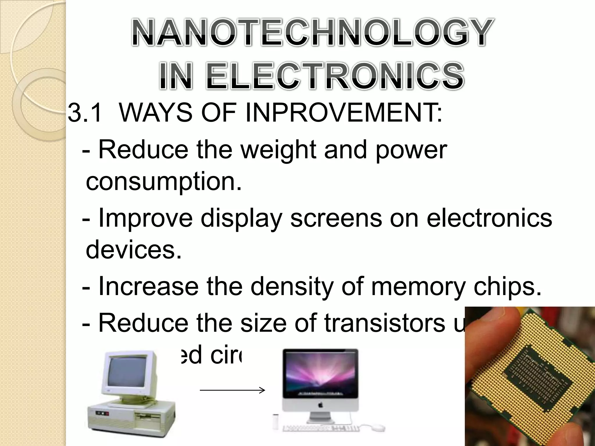 NANOELECTRONICS APPLICATIONNANOTECHNOLOGY IN ELECTRONICS