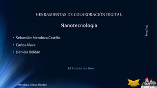 HERRAMIENTAS DE COLABORACIÓN DIGITAL
Nanotecnología
• Sebastián Mendoza Castillo
• Carlos Álava
• Daniela Roldan
7/24/2015
Mendoza, Alava, Roldan 1
El futuro es hoy.
 