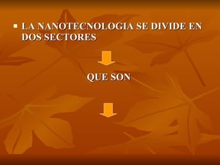    LA NANOTECNOLOGIA SE DIVIDE EN
    DOS SECTORES



              QUE SON
 