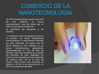 COMERCIO DE LA NANOTECNOLOGIAEn 2005 Nanotecnología generó mas de $ 30 mil millones en bienes manufacturados, mas del doble que en 2004. Lo que está ocurriendo es el movimiento del laboratorio a los estantes.Los productos nano tecnológicos ahora en el mercado, van desde refrigeradores antimicrobianos a medicamentos liberados por nano partículas. Se espera que en 2014 alcance$ 2.6 trillones en los bienes manufacturados globalmente, aproximadamente un 15% del total del mercado. Asia está surgiendo en el campo del suministro de nano materiales. En China hay 30 compañías de nano partículas de cerámica para 120 en el resto del mundo. Corea vende nano partículas de carbono a $ 200 el kg socavando en un 50% a los suplidores del oeste.
