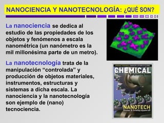 NANOCIENCIA Y NANOTECNOLOGÍA: ¿QUÉ SON?
La nanociencia se dedica al
estudio de las propiedades de los
objetos y fenómenos a escala
nanométrica (un nanómetro es la
mil millonésima parte de un metro).
La nanotecnología trata de la
manipulación “controlada” y
producción de objetos materiales,
instrumentos, estructuras y
sistemas a dicha escala. La
nanociencia y la nanotecnología
son ejemplo de (nano)
tecnociencia.

 