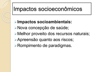 Impactos socioeconômicos
Impactos socioambientais:
Nova concepção de saúde;
Melhor proveito dos recursos naturais;
Apreensão quanto aos riscos;
Rompimento de paradigmas.
 