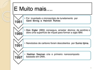 E Muito mais....
1981
• Foi inventado o microscópio de tunelamento por
Gerd Binnig e Heinrich Rohrer.
1989
• Don Eigler (IBM) conseguiu arrastar átomos de xenônio s
obre uma superfície de níquel para formar a sigla IBM.
1991
• Nanotubos de carbono foram descobertos por Sumio Iijima.
1997
• Nadrian Seeman cria o primeiro nanocomposto
baseado em DNA.
9
 