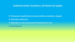 Industria metal-mecánica y de bienes de equipo
 Tratamientos superficiales de piezas metálicas sometidas a desgaste
 Materiales antifricción
 Materiales con alta dureza para herramientas de corte
 Nanofiltración
 