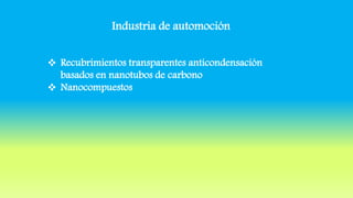 Industria de automoción
 Recubrimientos transparentes anticondensación
basados en nanotubos de carbono
 Nanocompuestos
 