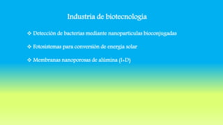 Industria de biotecnología
 Detección de bacterias mediante nanoparticulas bioconjugadas
 Fotosistemas para conversión de energía solar
 Membranas nanoporosas de alúmina (I+D)
 