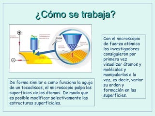 ¿Cómo se trabaja?

De forma similar a como funciona la aguja
de un tocadiscos, el microscopio palpa las
superficies de los átomos. De modo que
es posible modificar selectivamente las
estructuras superficiales.

Con el microscopio
de fuerza atómica
los investigadores
consiguieron por
primera vez
visualizar átomos y
moléculas y
manipularlas a la
vez, es decir, variar
su orden y
formación en las
superficies.

 