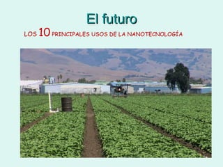 El futuro

LOS

10 PRINCIPALES USOS DE LA NANOTECNOLOGÍA

1) Almacenamiento de energía, producción y conversión.
2) Mejora productividad agrícola.
3) Depuración de aguas.
4) Diagnóstico precoz de enfermedades.
5) Fabricación de medicamentos.
6)Tratamiento y conservación de alimentos.
7) Depuración del aire contaminado.
8) Construcción.
9) Control de la salud.
10)Detección y control de plagas.

 