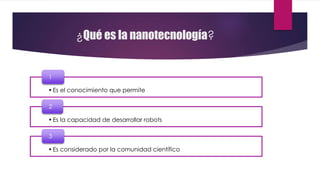 ¿Qué es la nanotecnología?
•Es el conocimiento que permite
1
•Es la capacidad de desarrollar robots
2
•Es considerado por la comunidad científico
3