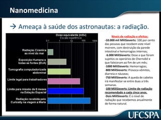Nanomedicina 
 Ameaça à saúde dos astronautas: a radiação. 
Níveis de radiação e efeitos: 
-10.000 mil MiliSieverts: 100 por cento 
das pessoas que recebem este nível 
morrem, com destruição da parede 
intestinal e hemorragias internas; 
-6.000 MiliSieverts: Dose a que foram 
sujeitos os operários de Chernobil e 
que faleceram ao fim de um mês; 
-1000 MiliSieverts: Hemorragias; 
-800 MiliSieverts: Provoca vômitos, 
diarreia e náuseas; 
-750 MiliSieverts: A queda de cabelos 
irá manifestar-se entre duas a três 
semanas. 
-100 MiliSieverts: Limite de radiação 
recomendado a cada cinco anos. 
-Dois MiliSieverts: É o nível de 
radiação que recebemos anualmente 
de forma natural. 
 