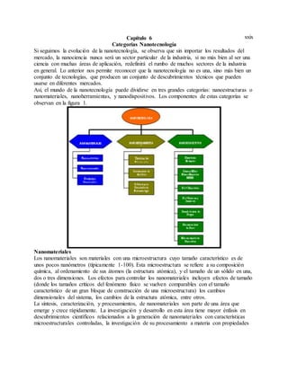 xxixCapítulo 6
Categorías Nanotecnología
Si seguimos la evolución de la nanotecnología, se observa que sin importar los resultados del
mercado, la nanociencia nunca será un sector particular de la industria, si no más bien al ser una
ciencia con muchas áreas de aplicación, redefinirá el rumbo de muchos sectores de la industria
en general. Lo anterior nos permite reconocer que la nanotecnología no es una, sino más bien un
conjunto de tecnologías, que producen un conjunto de descubrimientos técnicos que pueden
usarse en diferentes mercados.
Así, el mundo de la nanotecnología puede dividirse en tres grandes categorías: nanoestructuras o
nanomateriales, nanoherramientas, y nanodispositivos. Los componentes de estas categorías se
observan en la figura 1.
Nanomateriales
Los nanomateriales son materiales con una microestructura cuyo tamaño característico es de
unos pocos nanómetros (típicamente 1-100). Esta microestructura se refiere a su composición
química, al ordenamiento de sus átomos (la estructura atómica), y el tamaño de un sólido en una,
dos o tres dimensiones. Los efectos para controlar los nanomateriales incluyen efectos de tamaño
(donde los tamaños críticos del fenómeno físico se vuelven comparables con el tamaño
característico de un gran bloque de construcción de una microestructura) los cambios
dimensionales del sistema, los cambios de la estructura atómica, entre otros.
La síntesis, caracterización, y procesamientos, de nanomateriales son parte de una área que
emerge y crece rápidamente. La investigación y desarrollo en esta área tiene mayor énfasis en
descubrimientos científicos relacionados a la generación de nanomateriales con características
microestructurales controladas, la investigación de su procesamiento a materia con propiedades
 