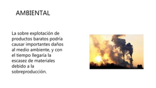AMBIENTAL
La sobre explotación de
productos baratos podría
causar importantes daños
al medio ambiente, y con
el tiempo llegaría la
escasez de materiales
debido a la
sobreproducción.
 