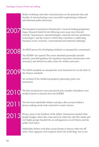 28
Media workshops and other communication on the potential risks and
beneﬁts of nanotechnology were successful in galvanising a balanced
and informed public discussion.
The European Commission’s Framework 7 research funding programme
began. Research funds for the following seven years were directed
towards “nanosciences, nanotechnologies, materials and new production
technologies” and the extent to which they contribute to addressing
European social, economic, environmental and industrial challenges.
An OECD process for developing standards on nanoparticles commenced.
The ECEHST was opened.The centre identiﬁed potentially harmful
particles, provided guidance for regulation (eg where moratoriums were
necessary) and advised on safety issues for workers and users.
The OECD standards on nanoparticles were launched, hot on the heels of
the Chinese standards.
An overhaul of the intellectual property/patenting system was
announced.
The ﬁrst moratoriums were announced and a number of products were
recalled, based on research from the ECEHST.
The ﬁrst local stakeholder debate took place after research linked a
factory making metal oxide nanorods to cancer clusters.
Privacy came to the forefront of the debate. Nanosensors tracked what
people bought, where they went and even what they said.The media and
civil rights groups branded this an infringement on civil liberty and the
public took notice.
Stakeholder debates took place across Europe to discuss what was off
limits. Clear signposts were required where the technology was in use,
2007
2008
2009
2010
2011
2013
Nanologue: Scenario 2 Now we’re talking
 