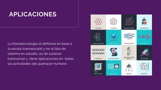 APLICACIONES
La Nanotecnología al definirse en base a
la escala (nanoescala) y no al tipo de
sistema en estudio, es de carácter
transversal y  tiene aplicaciones en  todas
las actividades del quehacer humano
 