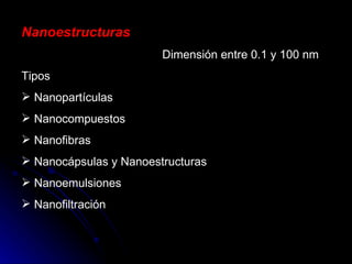 Nanoestructuras Dimensión entre 0.1 y 100 nm  Tipos Nanopartículas Nanocompuestos Nanofibras Nanocápsulas y Nanoestructuras Nanoemulsiones Nanofiltración 