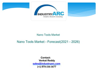 Nano Tools Market
Nano Tools Market - Forecast(2021 - 2026)
Contact:
Venkat Reddy
sales@industryarc.com
(+1) 970-236-3677
 