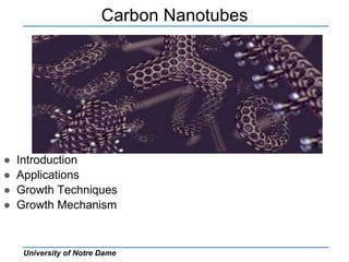 University of Notre Dame
Carbon Nanotubes
● Introduction
● Applications
● Growth Techniques
● Growth Mechanism
 