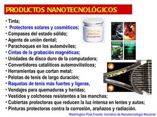 PRODUCTOS NANOTECNOLÓGICOS
• Tinta;
• Protectores solares y cosméticos;
• Compases del estado sólido;
• Agente de unión dental;
• Parachoques en los automóviles;
• Cintas de la grabación magnéticas;
• Unidades de disco duro de la computadora;
• Convertidores catalíticos automovilísticos;
• Herramientas que cortan metal;
• Pelotas de tenis de largo duración;
• Raquetas de tenis más fuertes y ligeras,
• Vendajes para quemaduras y heridas;
• Vestidos y colchones resistentes a las manchas;
• Cubiertas protectoras que reducen la luz intensa en lentes y autos;
• Pinturas protectoras contra la corrosión, arañazos y radiación. 
                               Washington Post.Fuente: Iniciativa de Nanotecnología Nacional
 