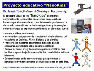 Proyecto educativo “NanoKids”
Dr. James Tour, Professor of Chemistry en Rice University.
El concepto visual de los “NanoKids” usa formas
universalmente reconocidas que exhiben características
humanas para incrementar el conocimiento del público acerca
del mundo nanométrico, de las investigaciones y tecnologías
moleculares que se expanden rápidamente en el mundo, busca:
• Instruir, motivar y entretener;
• Incrementar comprensión de la materia al nivel molecular del
  estudiante de Química, Física, Biología y de ciencia;
• Proveer a los maestros con material didáctico para la
  enseñanza-aprendizaje sobre la nanotecnología;
• Demostrar que el arte y la ciencia se pueden combinar para
  facilitar el aprendizaje de los estudiantes con distintos estilos e
  intereses;
• Generar interés en la nanotecnología para promover la
  participación y financiamiento de investigaciones en esta área.

http://cohesion.rice.edu/naturalsciences/nanokids/mission.cfm?doc_id=3738
 