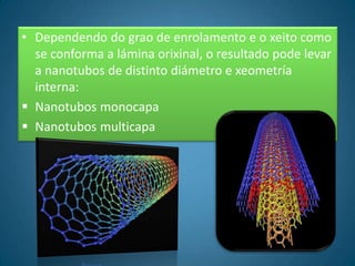 • Dependendo do grao de enrolamento e o xeito como
  se conforma a lámina orixinal, o resultado pode levar
  a nanotubos de distinto diámetro e xeometría
  interna:
 Nanotubos monocapa
 Nanotubos multicapa
 